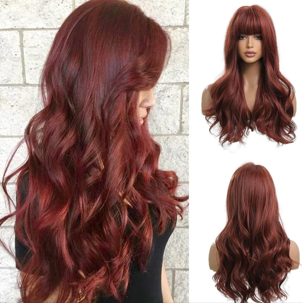 Long Curly Reddish brown Wig with Bangs Red Copper Natural Synthetic Hair